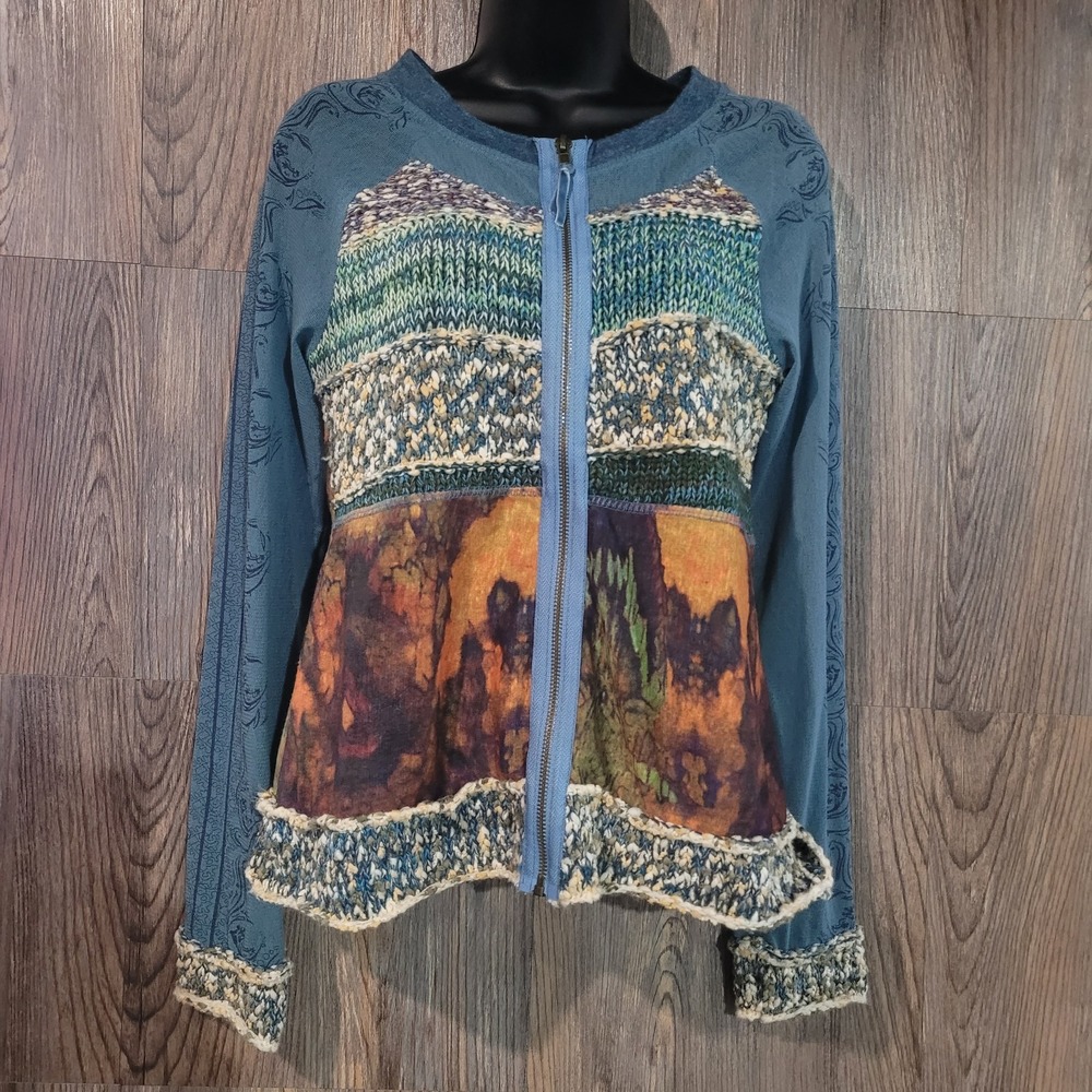 Kaktus Mixed Media Full Zip Jacket Size M** Blue Multi Abstract Art to Wear